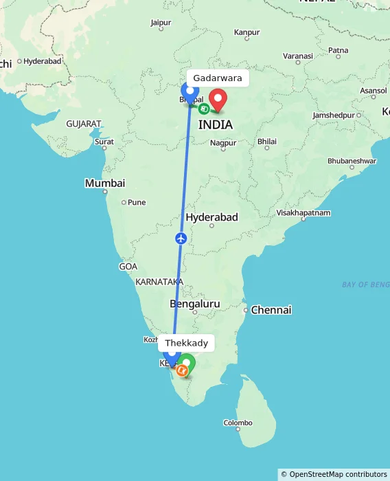 Route map showing distance and travel time from Thekkady, India to Gadarwara, India
