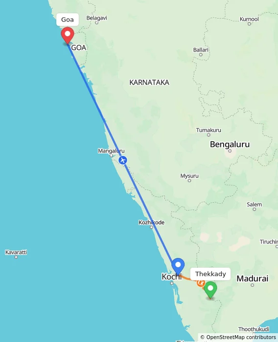 Route map showing distance and travel time from Thekkady, India to Goa, India