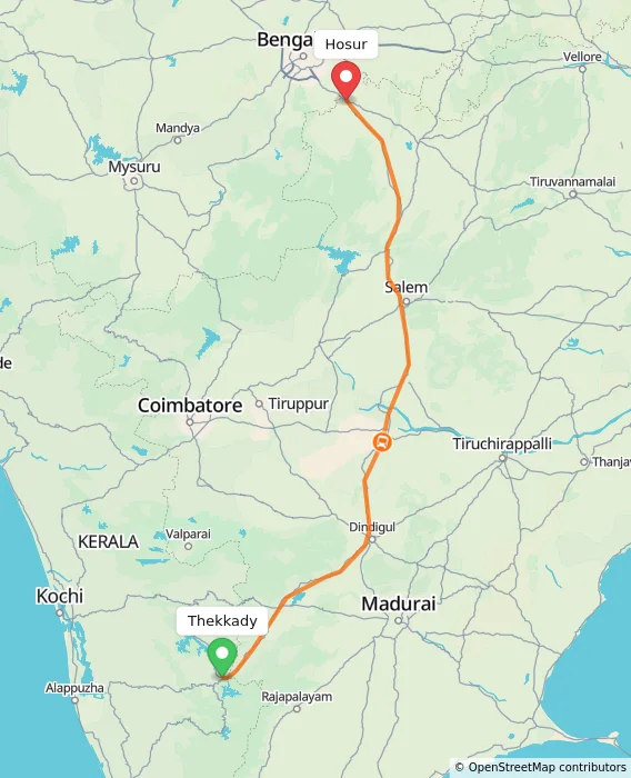 Route map showing distance and travel time from Thekkady, India to Hosur, India