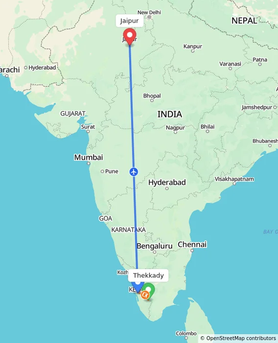 Route map showing distance and travel time from Thekkady, India to Jaipur, India