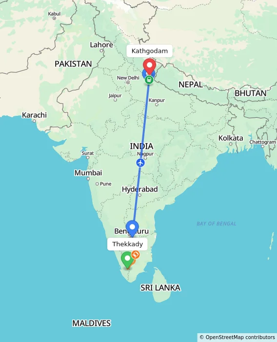 Route map showing distance and travel time from Thekkady, India to Kathgodam, India