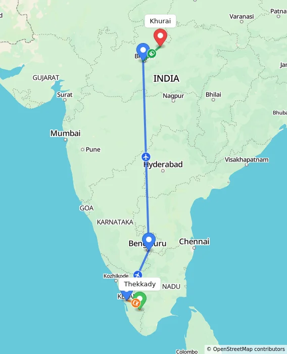 Route map showing distance and travel time from Thekkady, India to Khurai, India