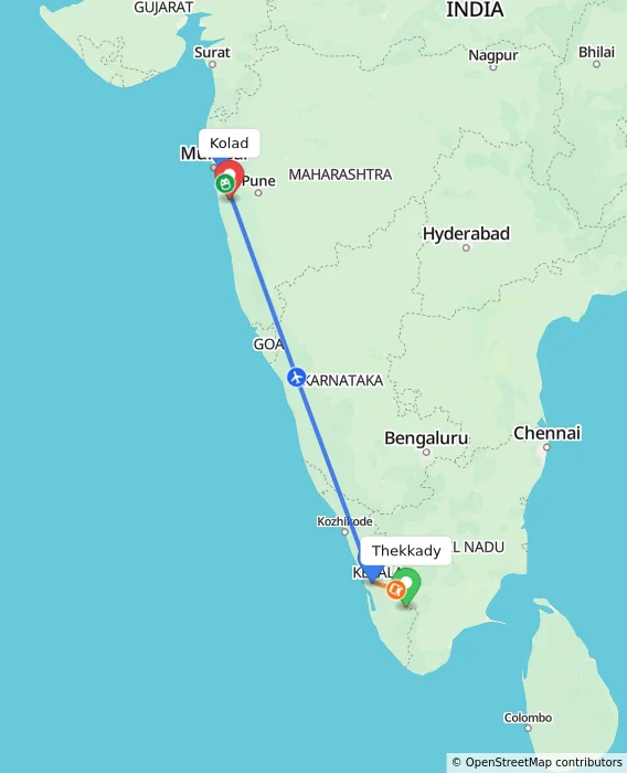 Route map showing distance and travel time from Thekkady, India to Kolad, India