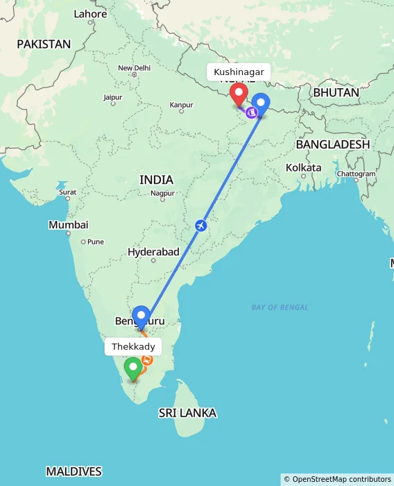 Route map showing distance and travel time from Thekkady, India to Kushinagar, India