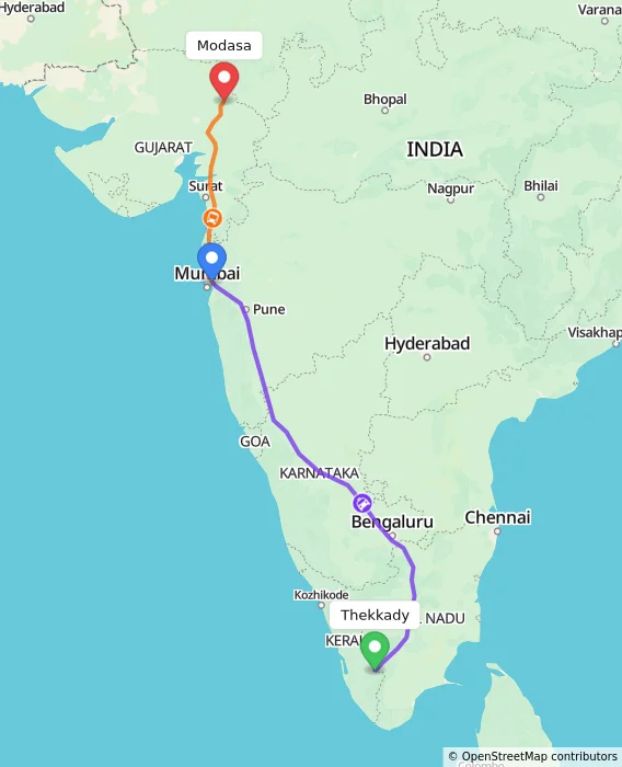 Route map showing distance and travel time from Thekkady, India to Modasa, India