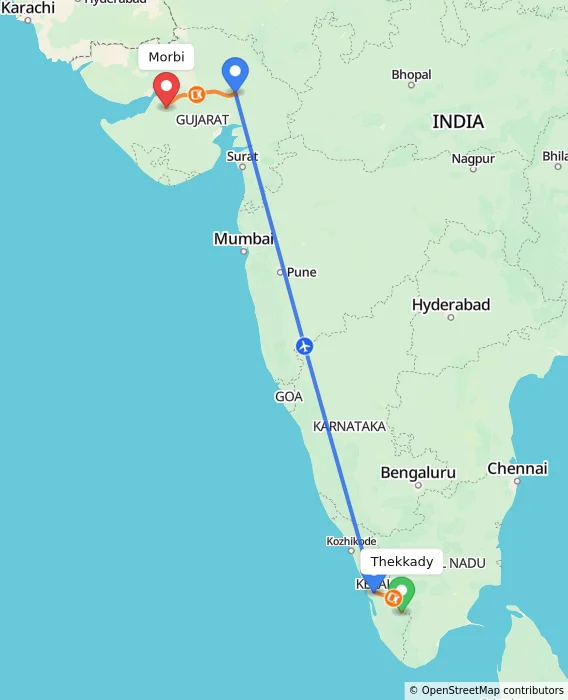 Route map showing distance and travel time from Thekkady, India to Morbi, India