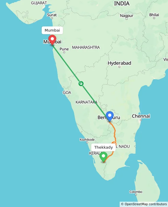 Route map showing distance and travel time from Thekkady, India to Mumbai, India
