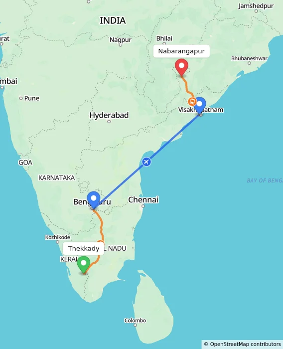 Route map showing distance and travel time from Thekkady, India to Nabarangapur, India