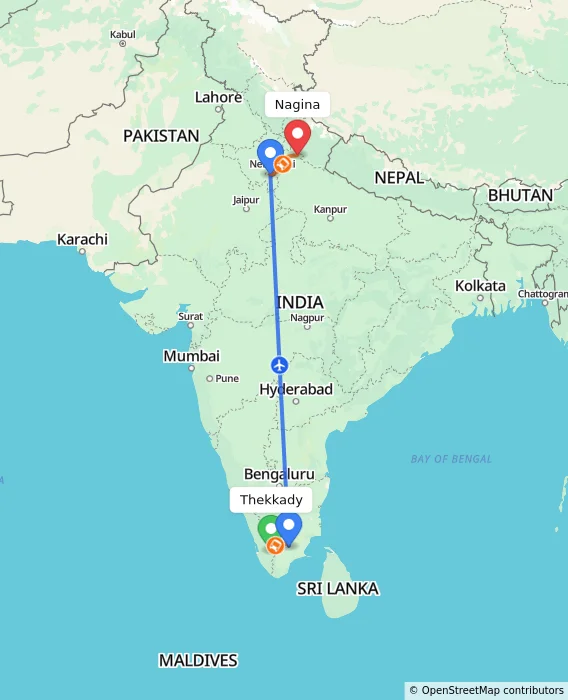 Route map showing distance and travel time from Thekkady, India to Nagina, India