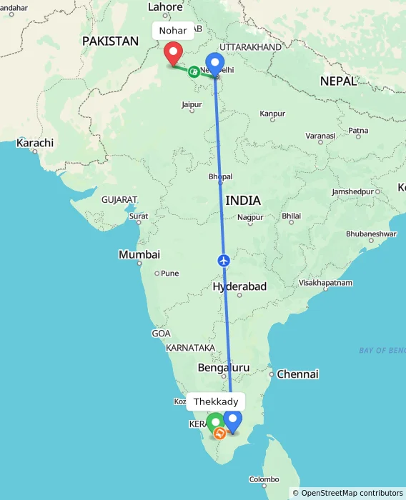 Route map showing distance and travel time from Thekkady, India to Nohar, India