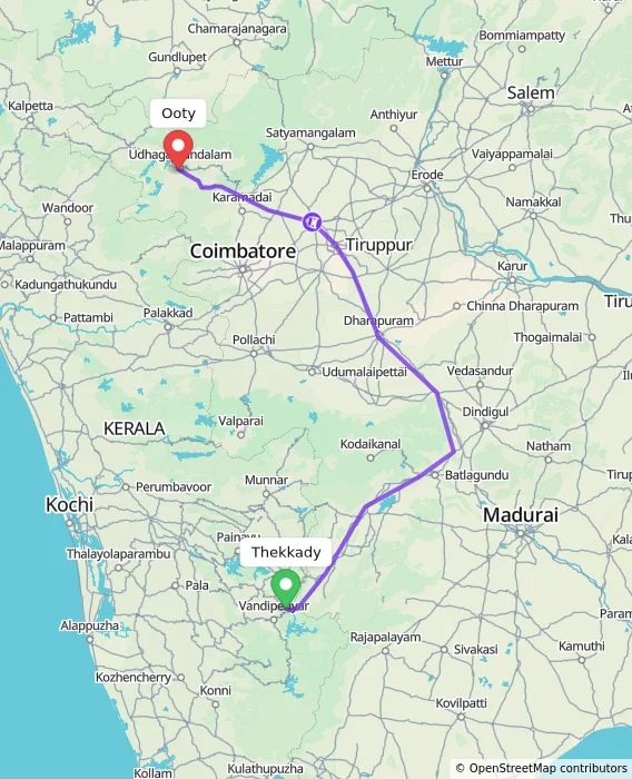 Route map showing distance and travel time from Thekkady, India to Ooty, India