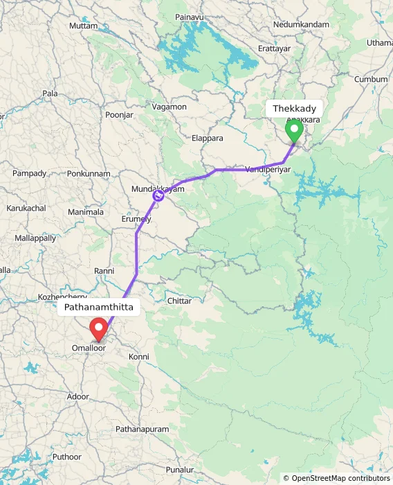 Route map showing distance and travel time from Thekkady, India to Pathanamthitta, India
