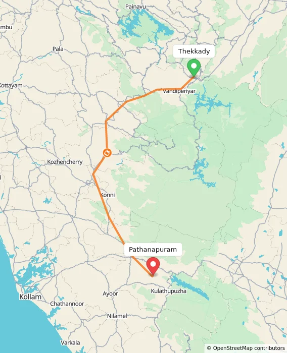 Route map showing distance and travel time from Thekkady, India to Pathanapuram, India