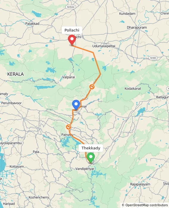 Route map showing distance and travel time from Thekkady, India to Pollachi, India
