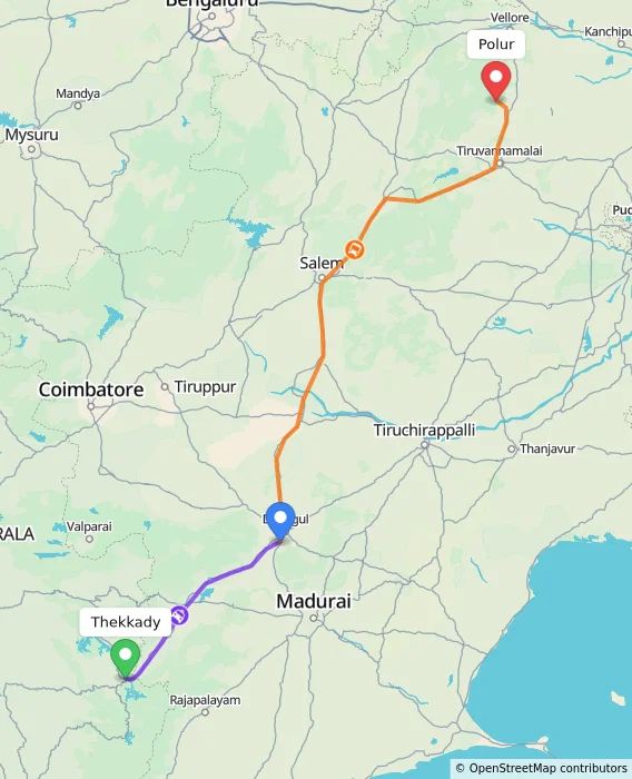 Route map showing distance and travel time from Thekkady, India to Polur, India
