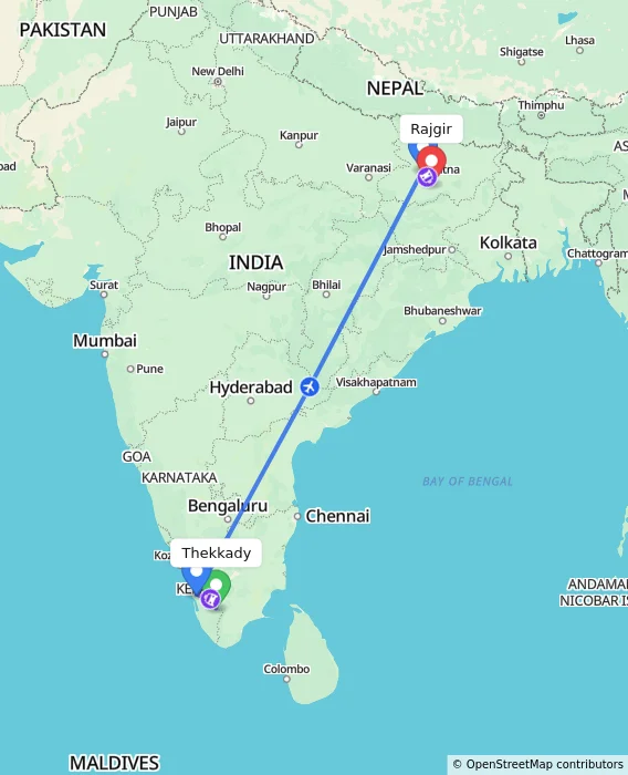 Route map showing distance and travel time from Thekkady, India to Rajgir, India