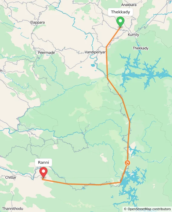 Route map showing distance and travel time from Thekkady, India to Ranni, India