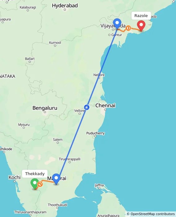 Route map showing distance and travel time from Thekkady, India to Razole, India