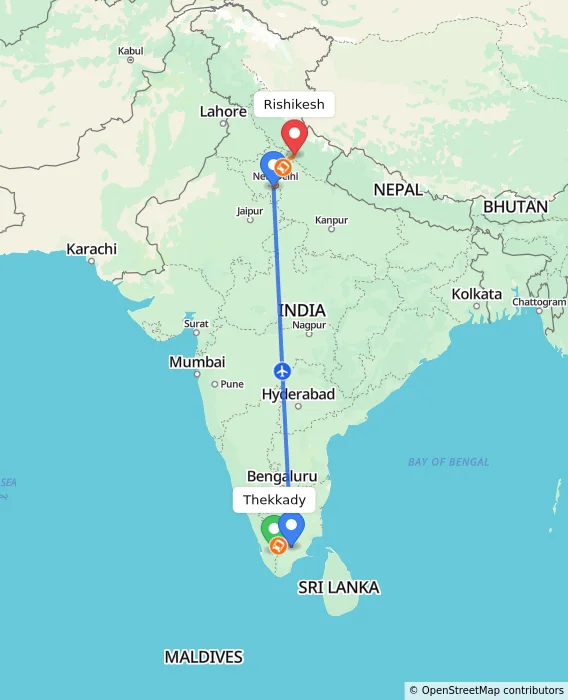 Route map showing distance and travel time from Thekkady, India to Rishikesh, India