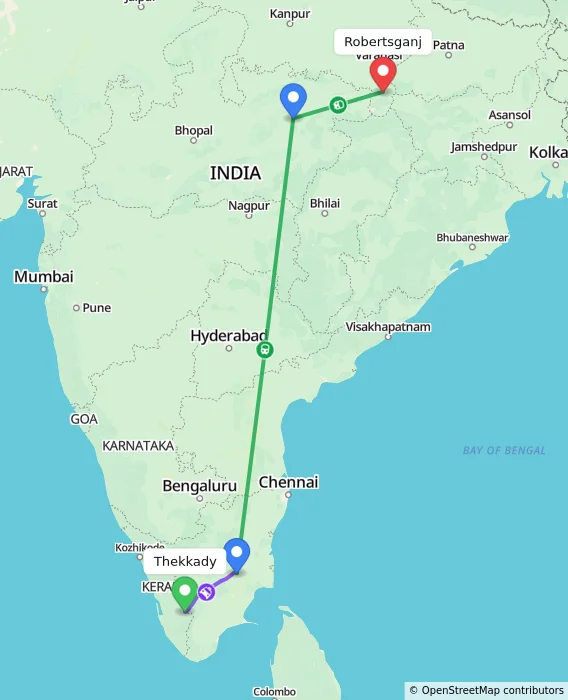 Route map showing distance and travel time from Thekkady, India to Robertsganj, India