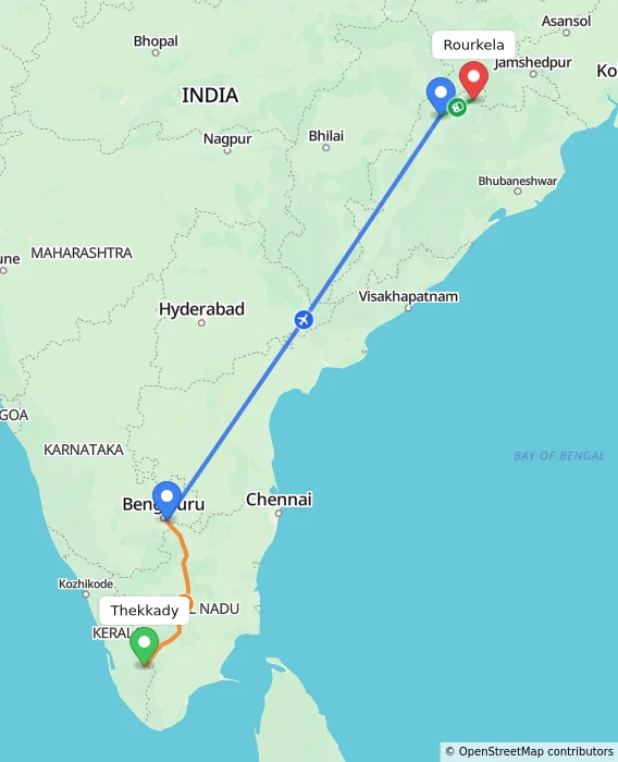 Route map showing distance and travel time from Thekkady, India to Rourkela, India