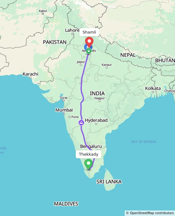 Route map showing distance and travel time from Thekkady, India to Shamli, India