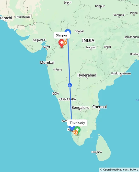 Route map showing distance and travel time from Thekkady, India to Shirpur, India