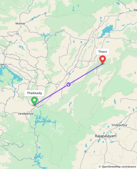 Route map showing distance and travel time from Thekkady, India to Theni, India