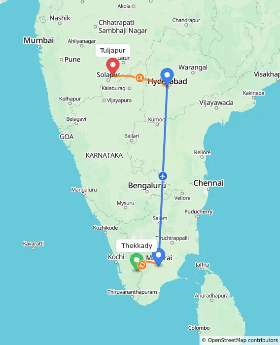 Route map showing distance and travel time from Thekkady, India to Tuljapur, India