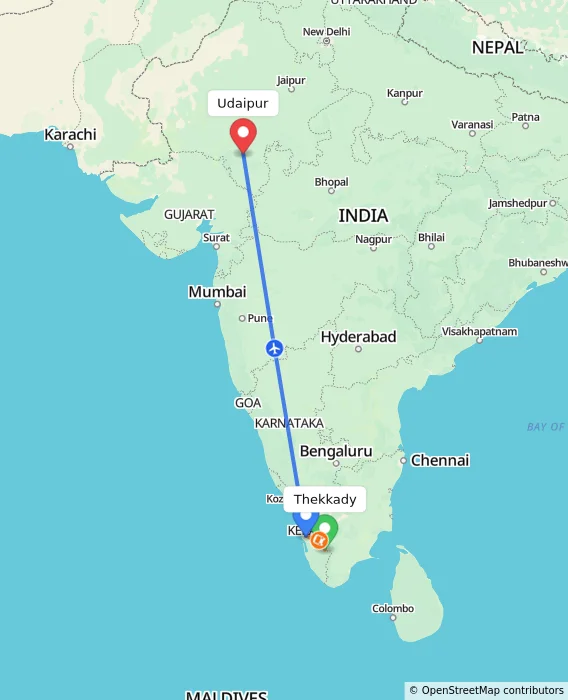 Route map showing distance and travel time from Thekkady, India to Udaipur, India