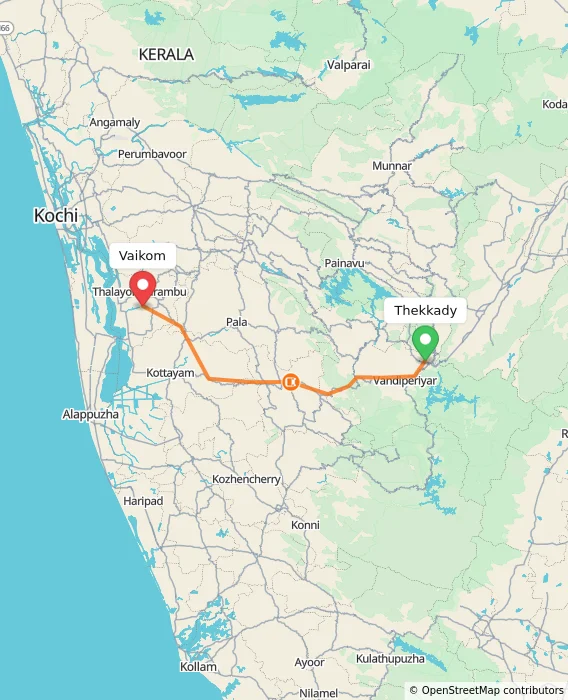 Route map showing distance and travel time from Thekkady, India to Vaikom, India