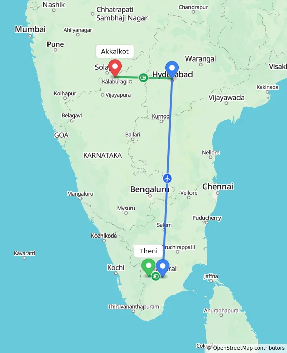 Route map showing distance and travel time from Theni, India to Akkalkot, India