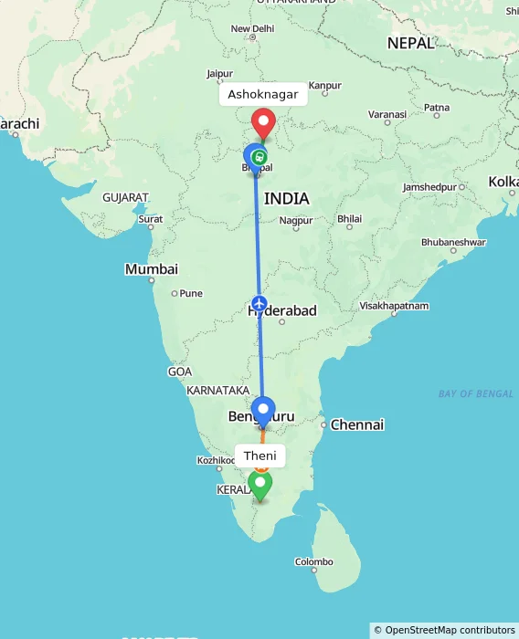 Route map showing distance and travel time from Theni, India to Ashoknagar, India
