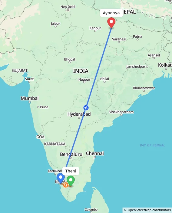 Route map showing distance and travel time from Theni, India to Ayodhya, India