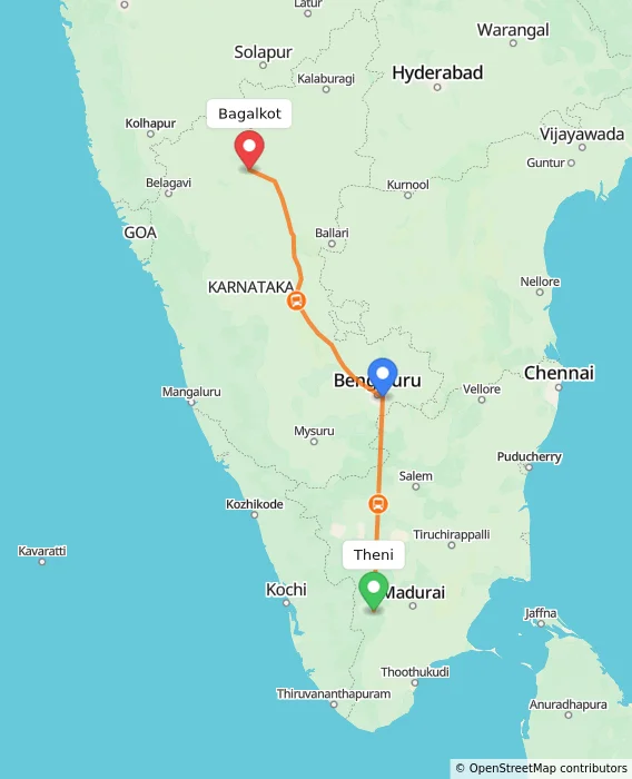 Route map showing distance and travel time from Theni, India to Bagalkot, India