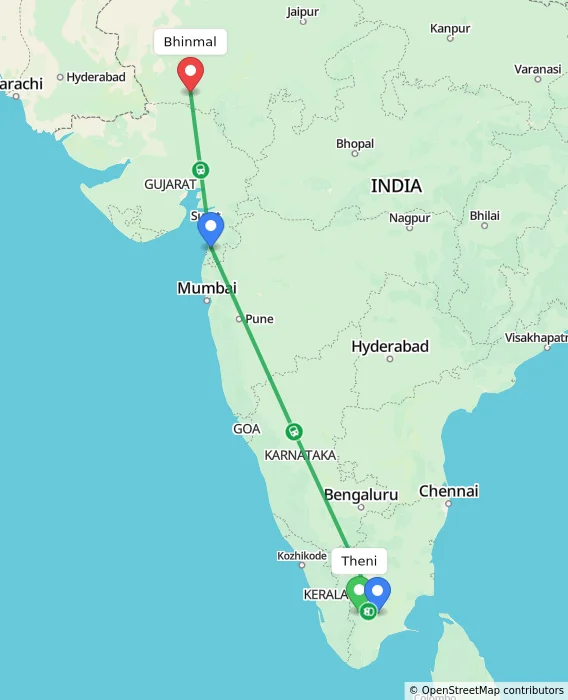 Route map showing distance and travel time from Theni, India to Bhinmal, India