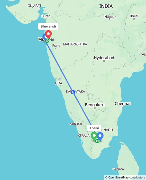 Route map showing distance and travel time from Theni, India to Bhiwandi, India
