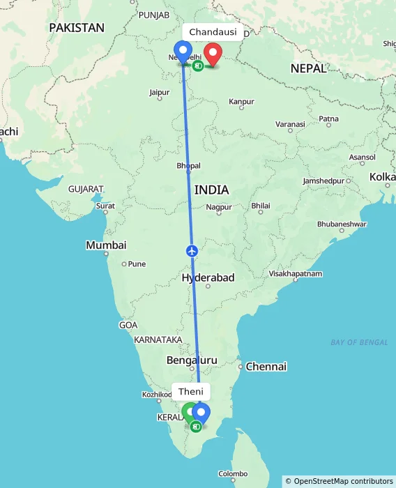 Route map showing distance and travel time from Theni, India to Chandausi, India
