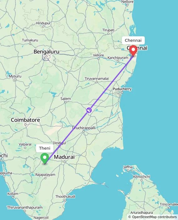 Route map showing distance and travel time from Theni, India to Chennai, India