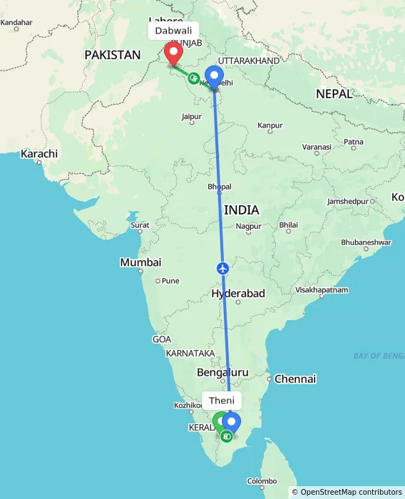 Route map showing distance and travel time from Theni, India to Dabwali, India