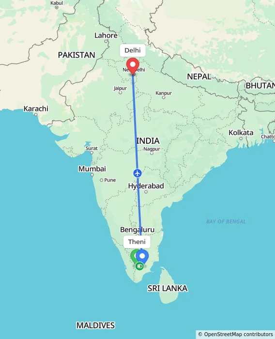 Route map showing distance and travel time from Theni, India to Delhi, India