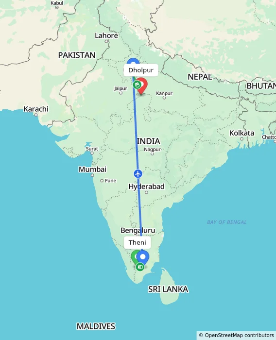 Route map showing distance and travel time from Theni, India to Dholpur, India