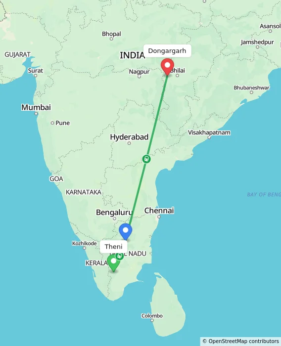Route map showing distance and travel time from Theni, India to Dongargarh, India