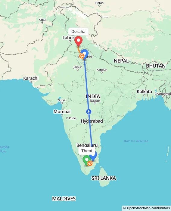 Route map showing distance and travel time from Theni, India to Doraha, India