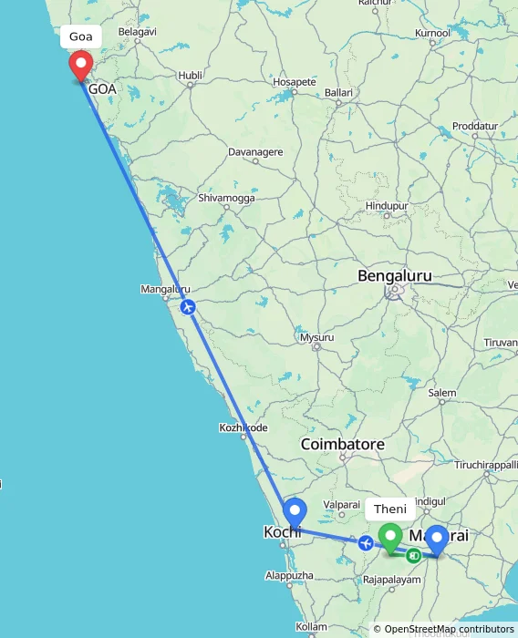 Route map showing distance and travel time from Theni, India to Goa, India
