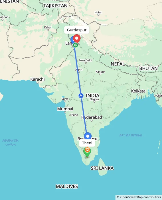Route map showing distance and travel time from Theni, India to Gurdaspur, India