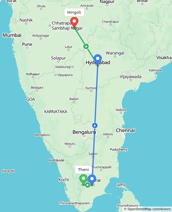 Route map showing distance and travel time from Theni, India to Hingoli, India