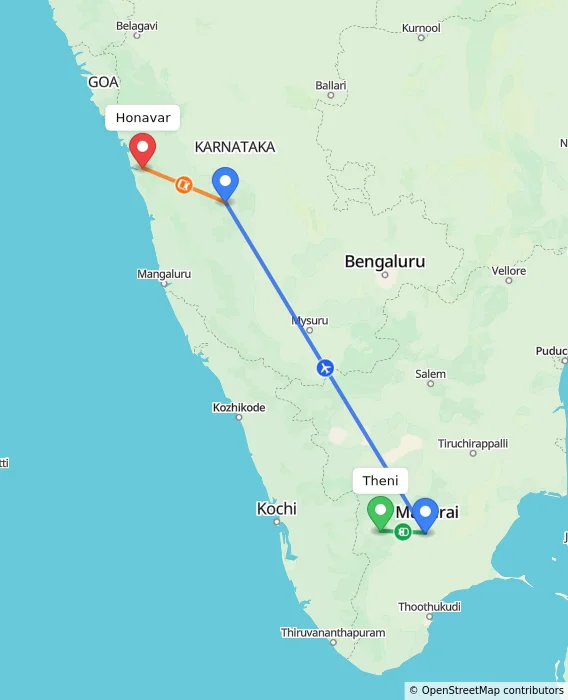 Route map showing distance and travel time from Theni, India to Honavar, India