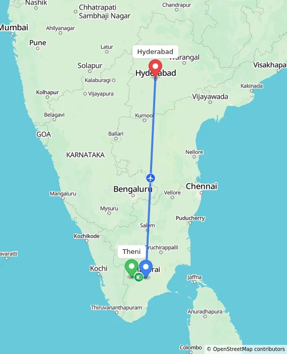 Route map showing distance and travel time from Theni, India to Hyderabad, India