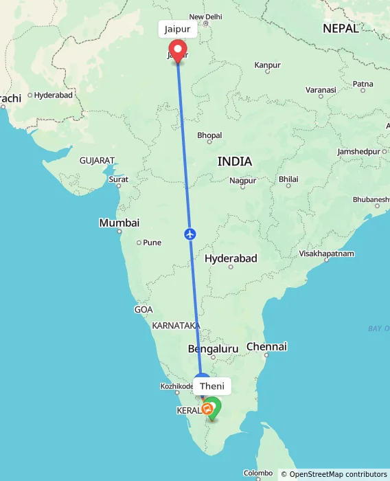 Route map showing distance and travel time from Theni, India to Jaipur, India